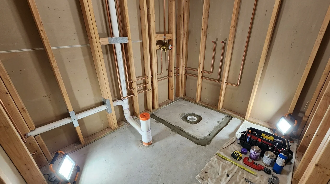 Bathroom rough-in plumbing during remodel by Johns Plumbing LLC in Troutman