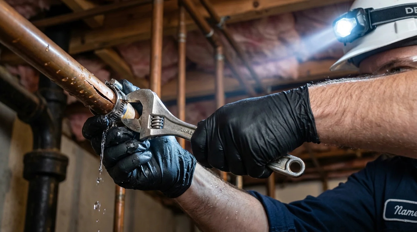 Emergency pipe clamp repair being performed by a Johns Plumbing LLC plumber in Troutman