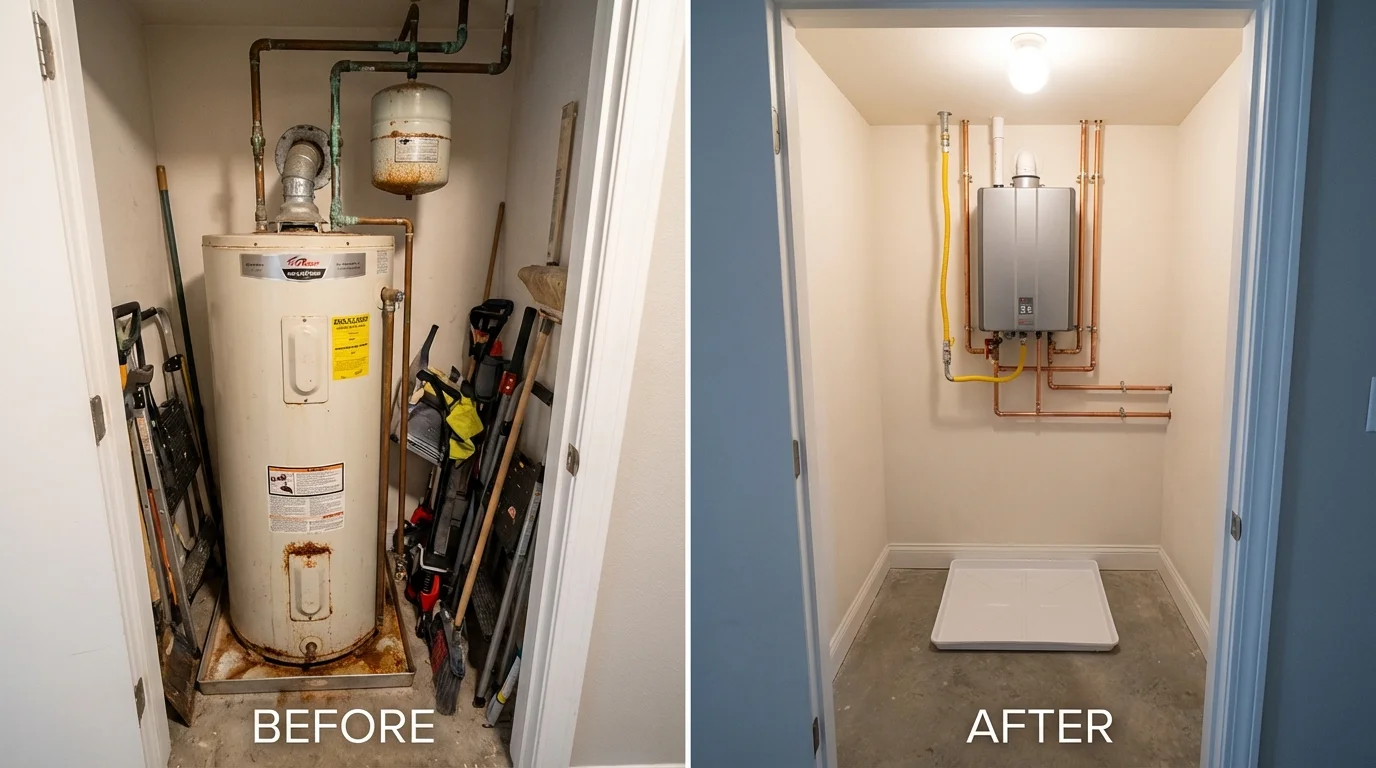 Tank water heater versus wall-mounted tankless unit comparison for Troutman, NC homeowners