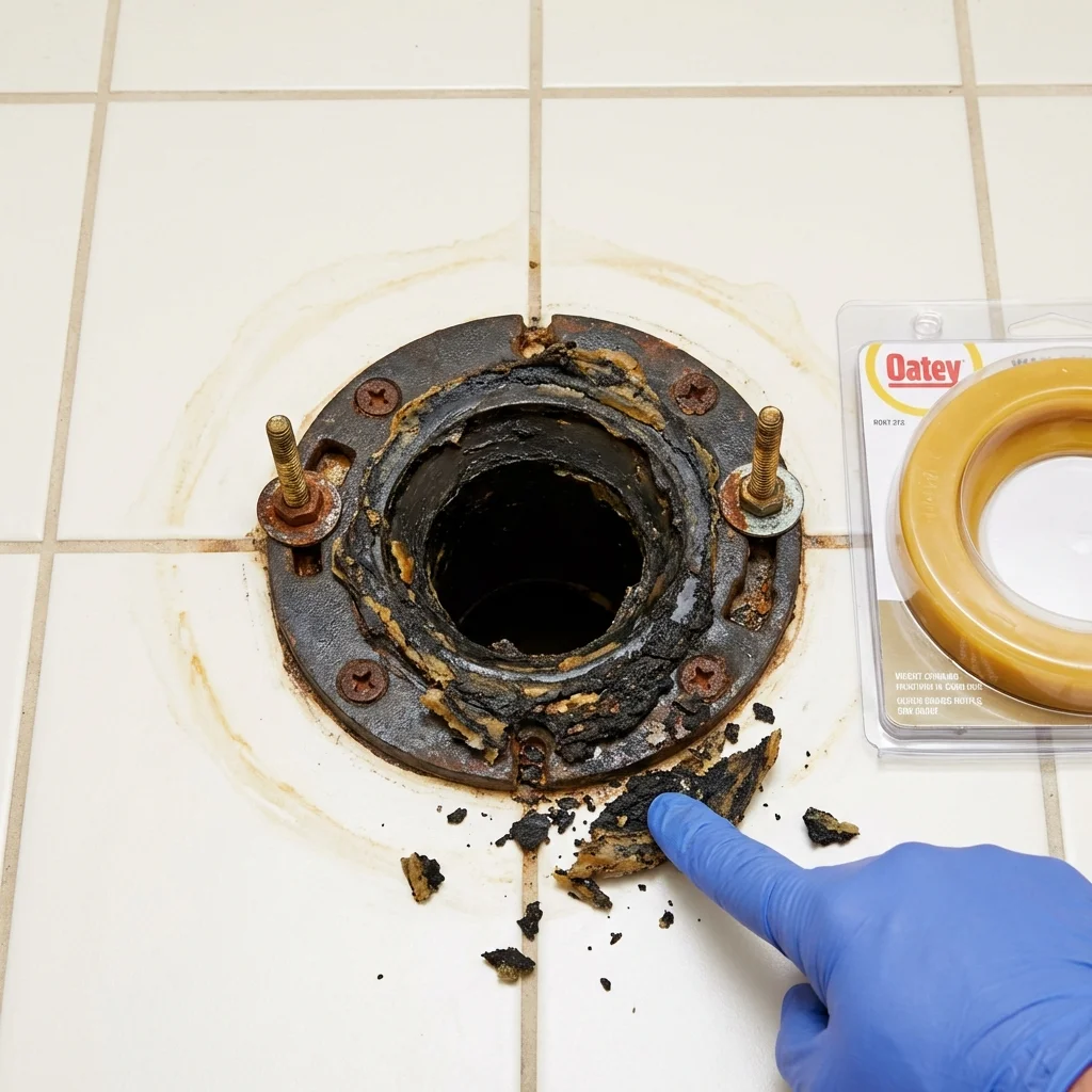 Failed wax ring showing water seepage at the base of a toilet in a Troutman, NC home