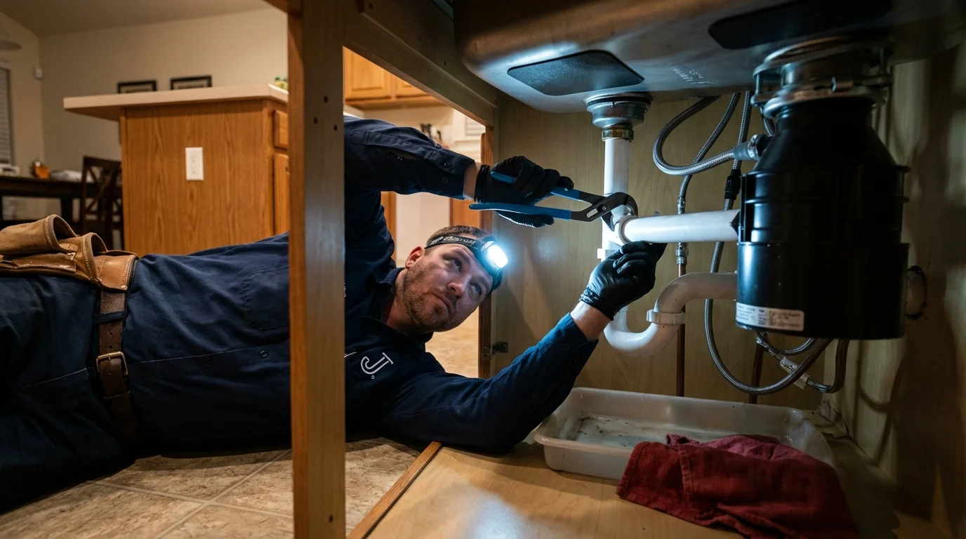 P-trap and supply line connections under a kitchen sink showing a common leak point in Troutman, NC
